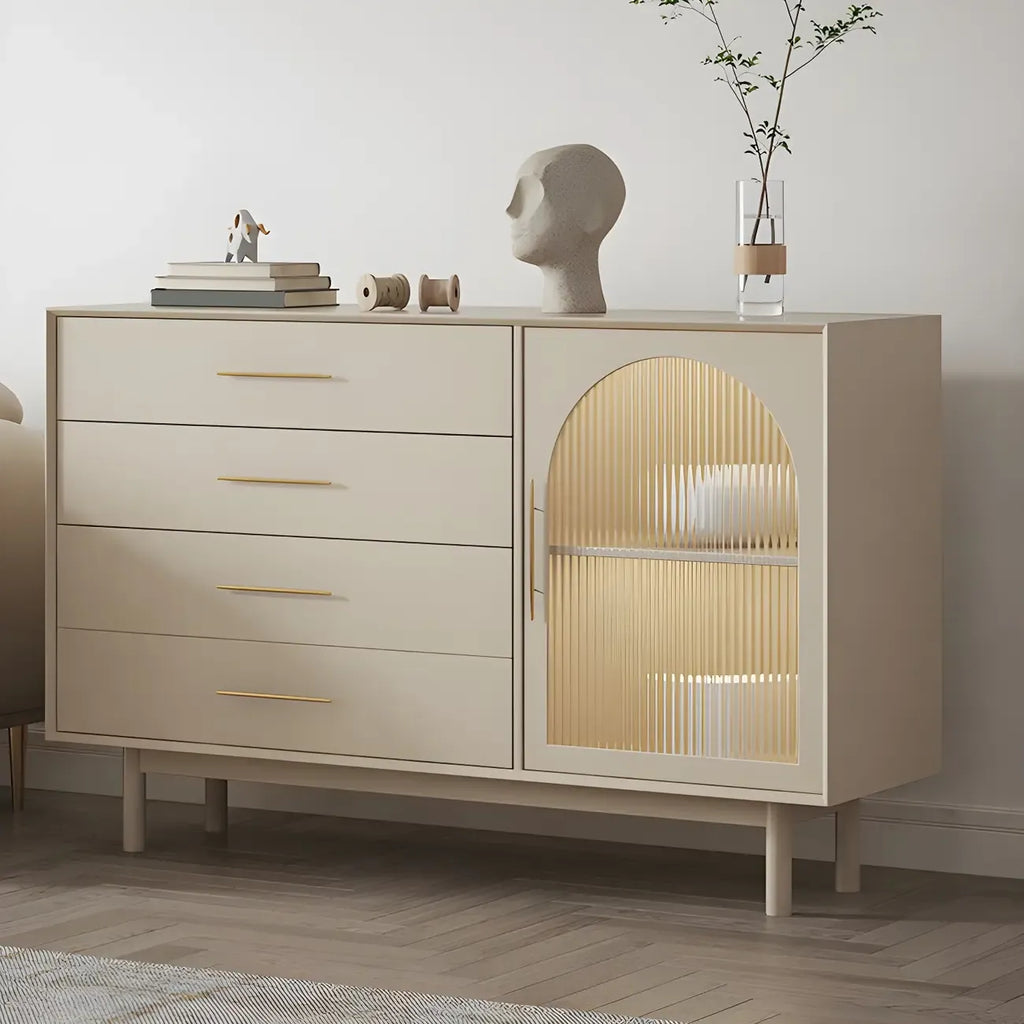 Elegant White Wooden Sideboard with Drawers & Glass Doors