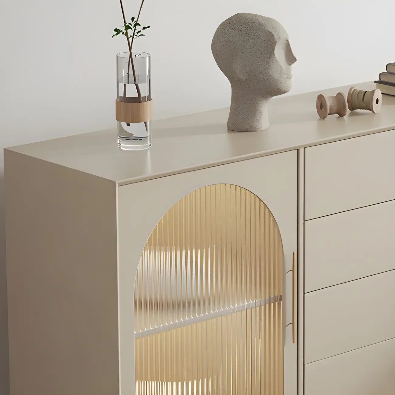 Elegant White Wooden Sideboard with Drawers & Glass Doors