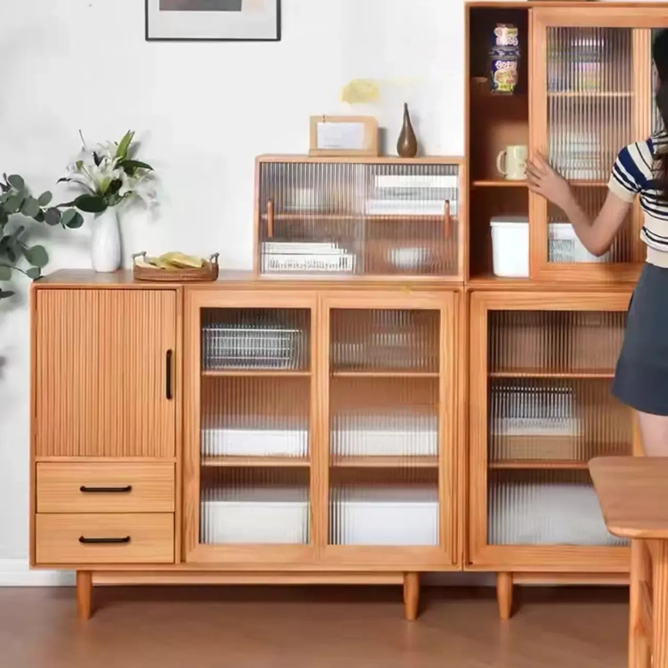 Modern Walnut Sideboard with Glass Doors and Storage