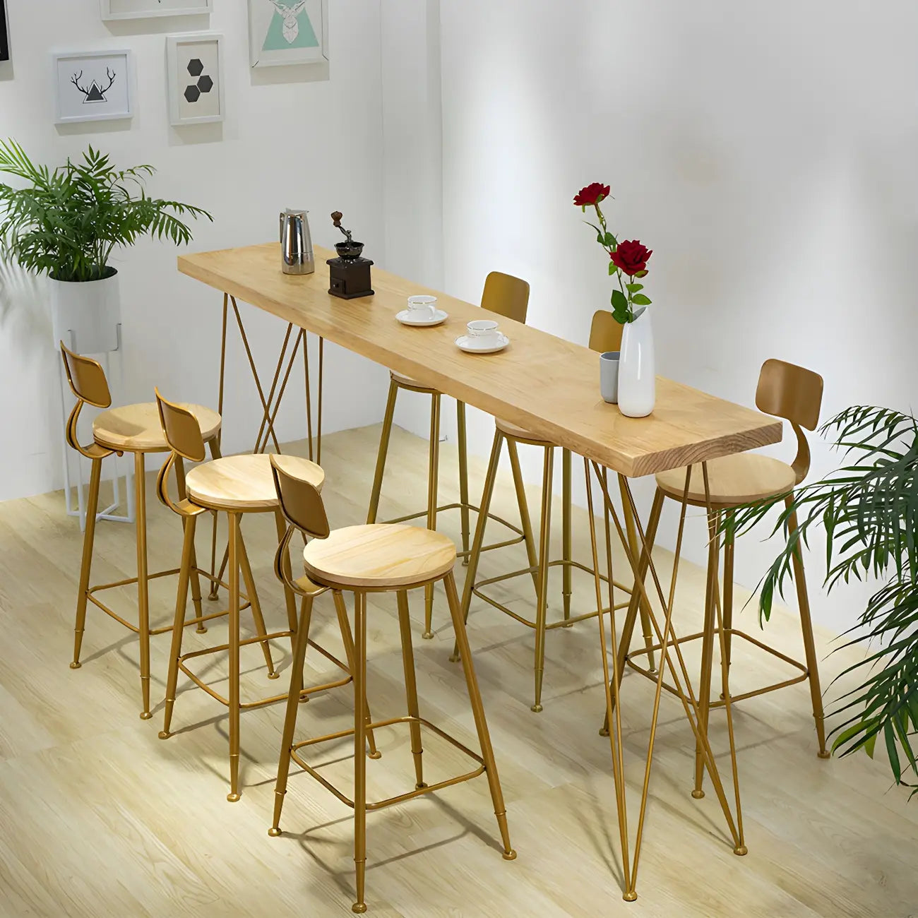 Elegant Long Bar Table with Wooden Stools
