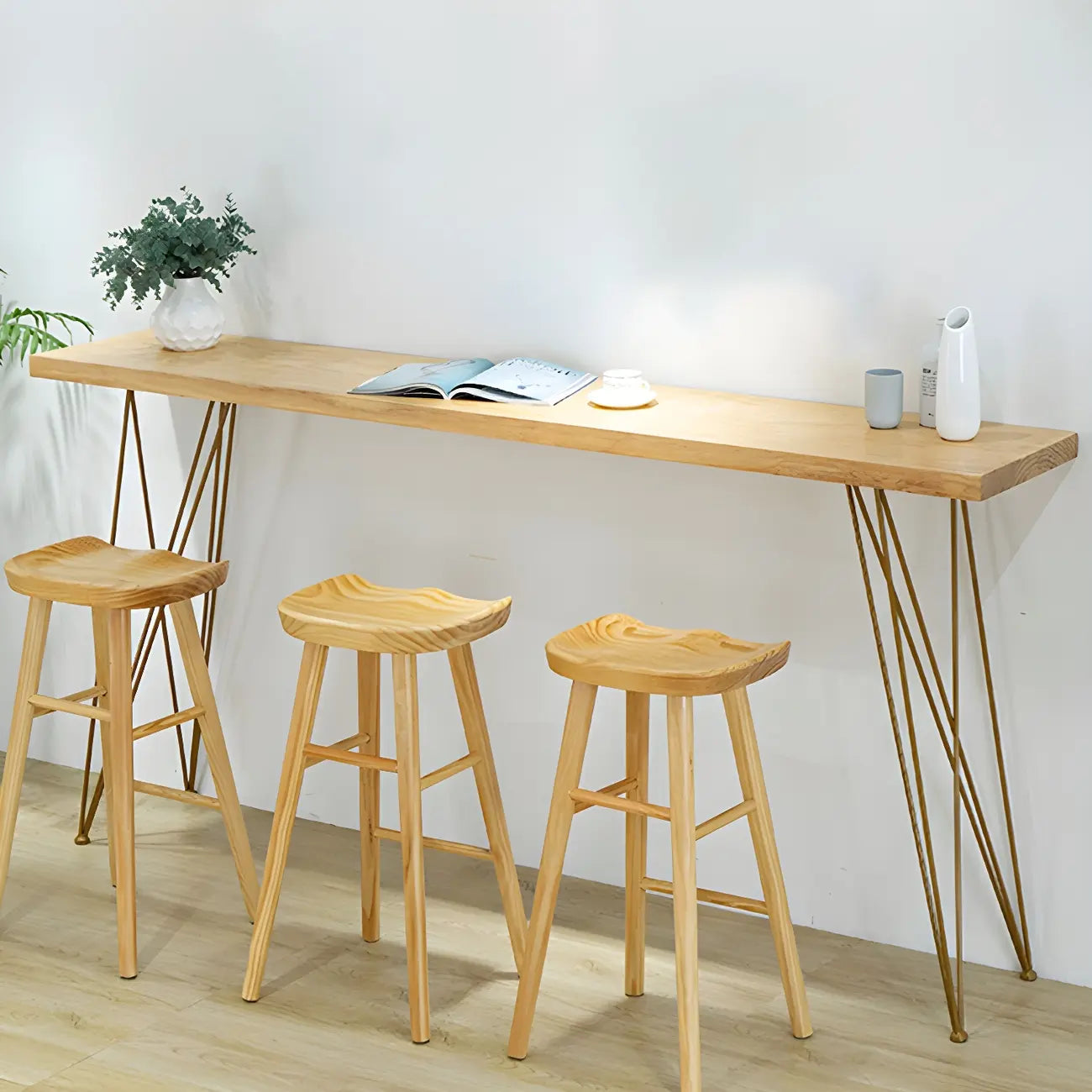 Elegant Long Bar Table with Wooden Stools