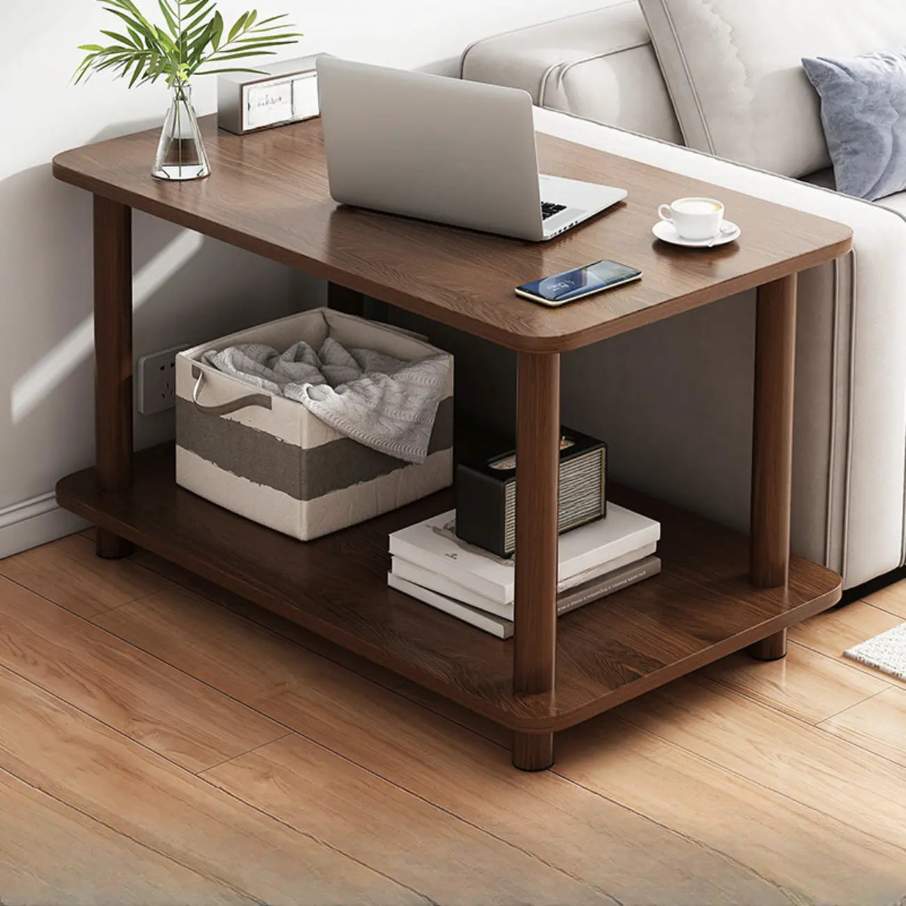 Square White Wood Side Table with Shelf