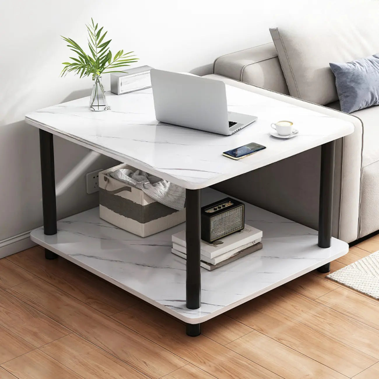 Square White Wood Side Table with Shelf