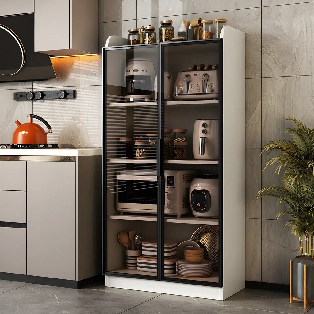 Modern White Wooden Sideboard with Glass Doors for Kitchen