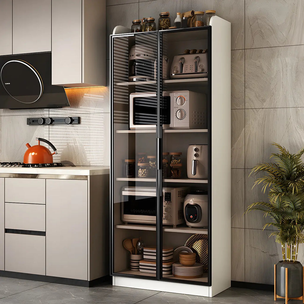 Modern White Wooden Sideboard with Glass Doors for Kitchen