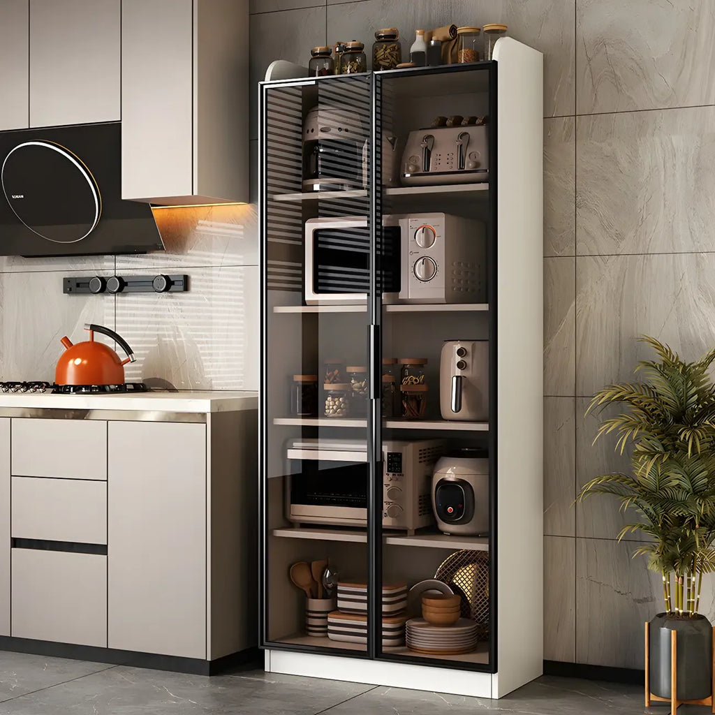 Modern White Wooden Sideboard with Glass Doors for Kitchen