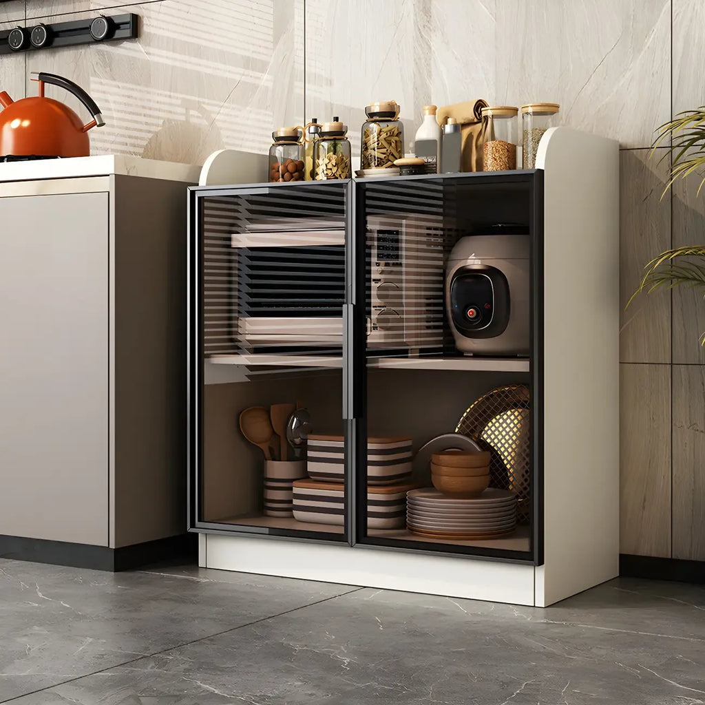 Modern White Wooden Sideboard with Glass Doors for Kitchen