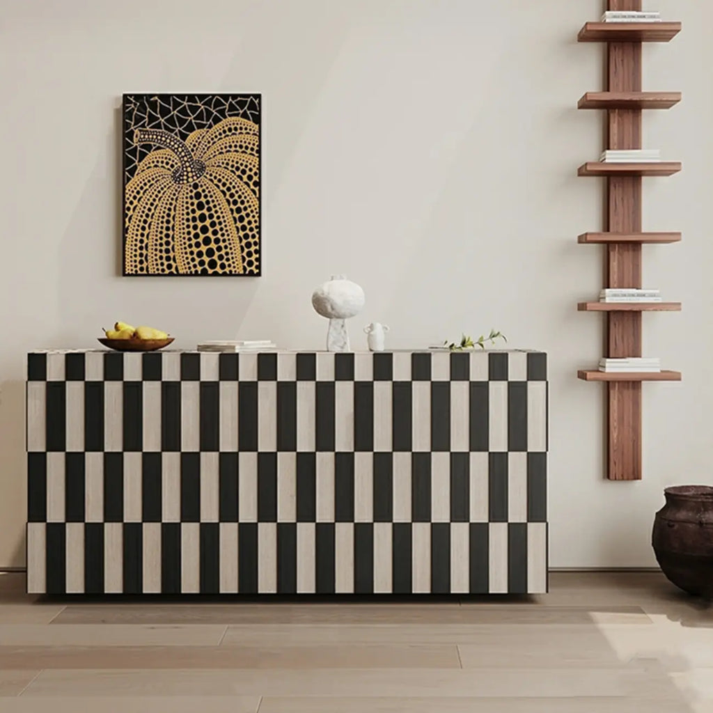 Modern Wooden Sideboard with Storage in Black-White Striped