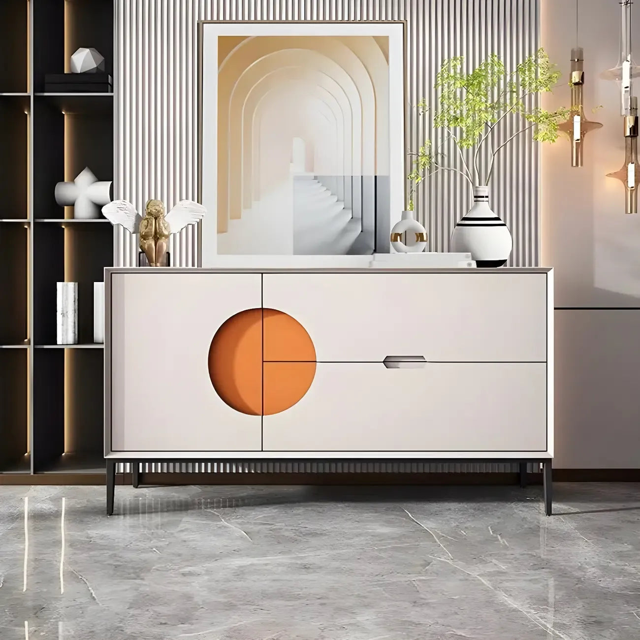 Glam Geometric Wooden Buffet Table with Storage