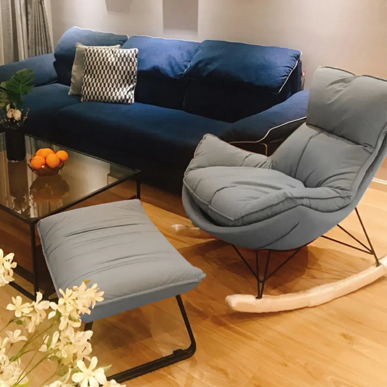 Mid Century Modern Upholstered Rocking Chair with Ottoman