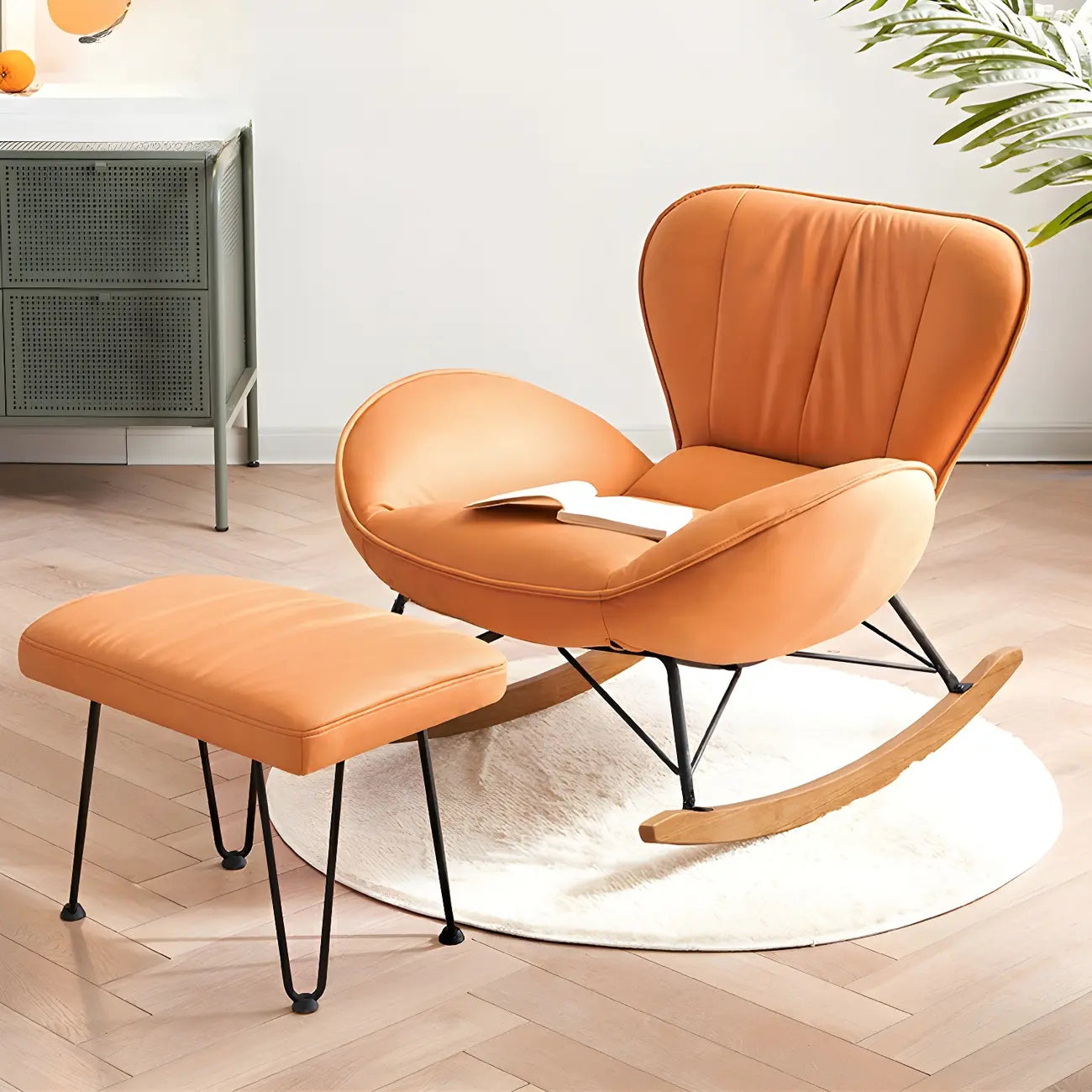 Wingback Faux Leather Rocking Chair with Ottoman for Indoor