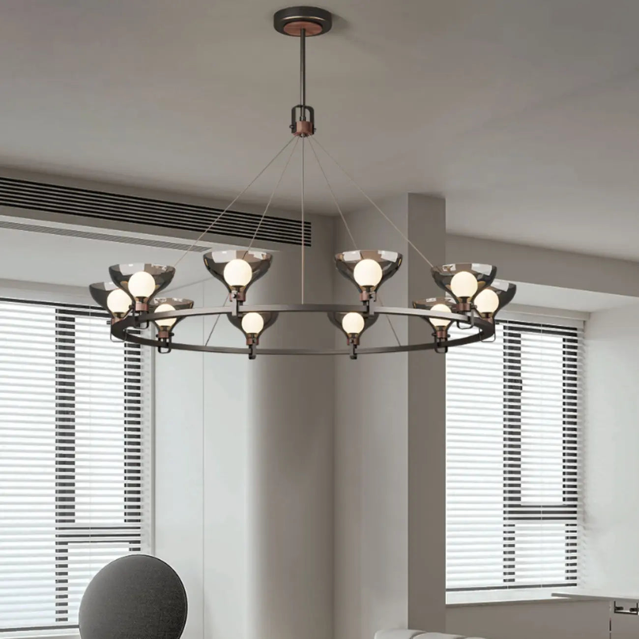 Black Industrial Metal Chandelier with Gray Glass Shade