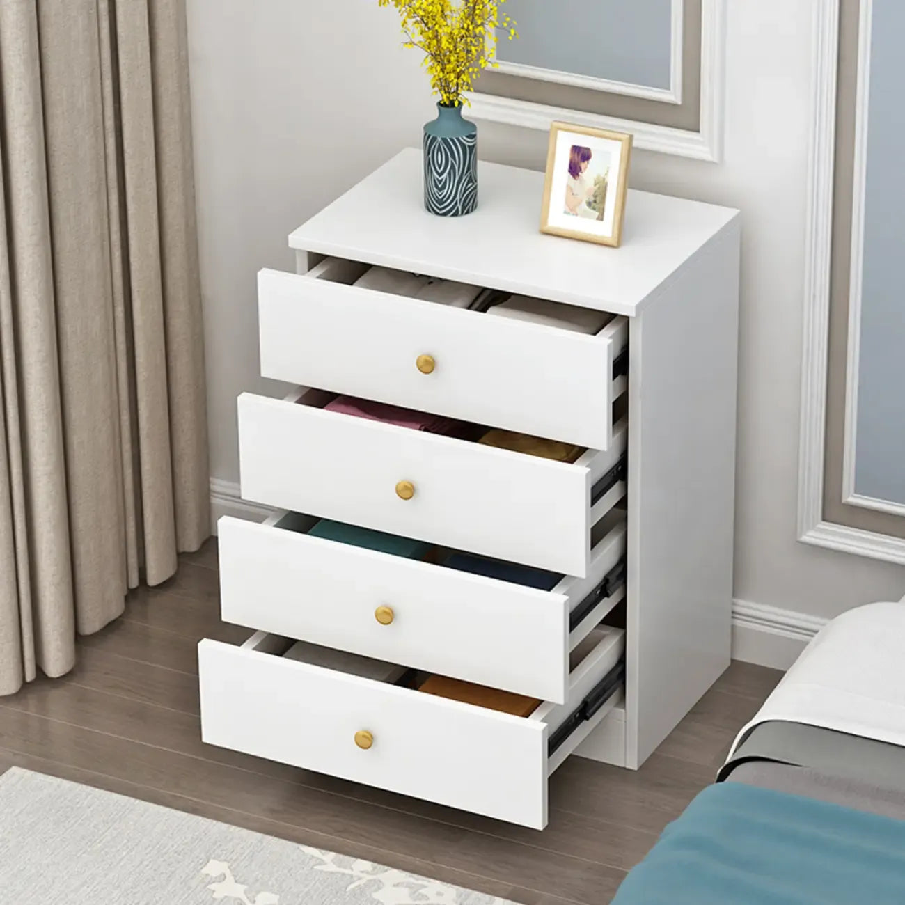 Narrow Wood 5-Drawer Vanity Dresser with Bulti-in Mirror