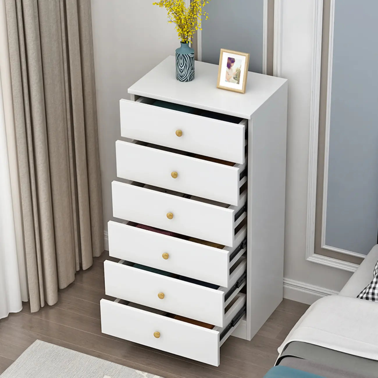 Narrow Wood 5-Drawer Vanity Dresser with Bulti-in Mirror