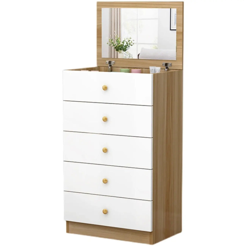 Narrow Wood 5-Drawer Vanity Dresser with Bulti-in Mirror