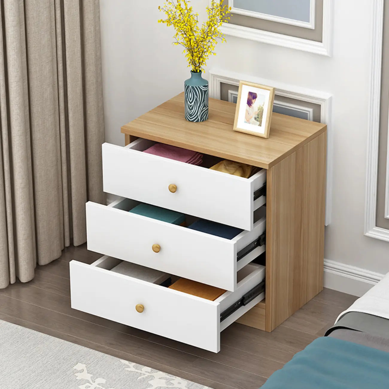 Narrow Wood 5-Drawer Vanity Dresser with Bulti-in Mirror