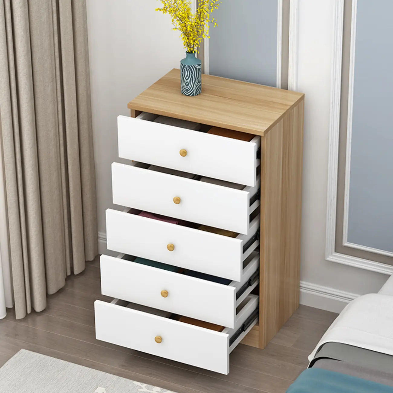 Narrow Wood 5-Drawer Vanity Dresser with Bulti-in Mirror