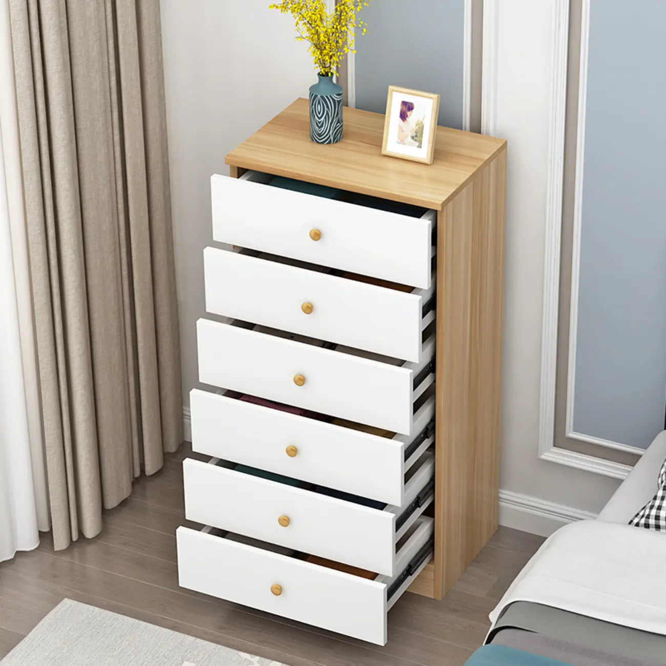 Narrow Wood 5-Drawer Vanity Dresser with Bulti-in Mirror