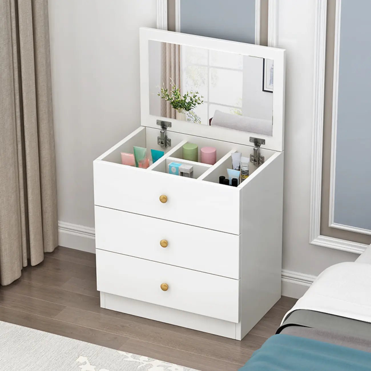 Narrow Wood 5-Drawer Vanity Dresser with Bulti-in Mirror