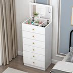 Narrow Wood 5-Drawer Vanity Dresser with Bulti-in Mirror