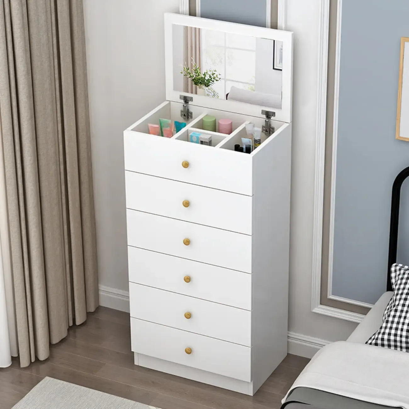 Narrow Wood 5-Drawer Vanity Dresser with Bulti-in Mirror