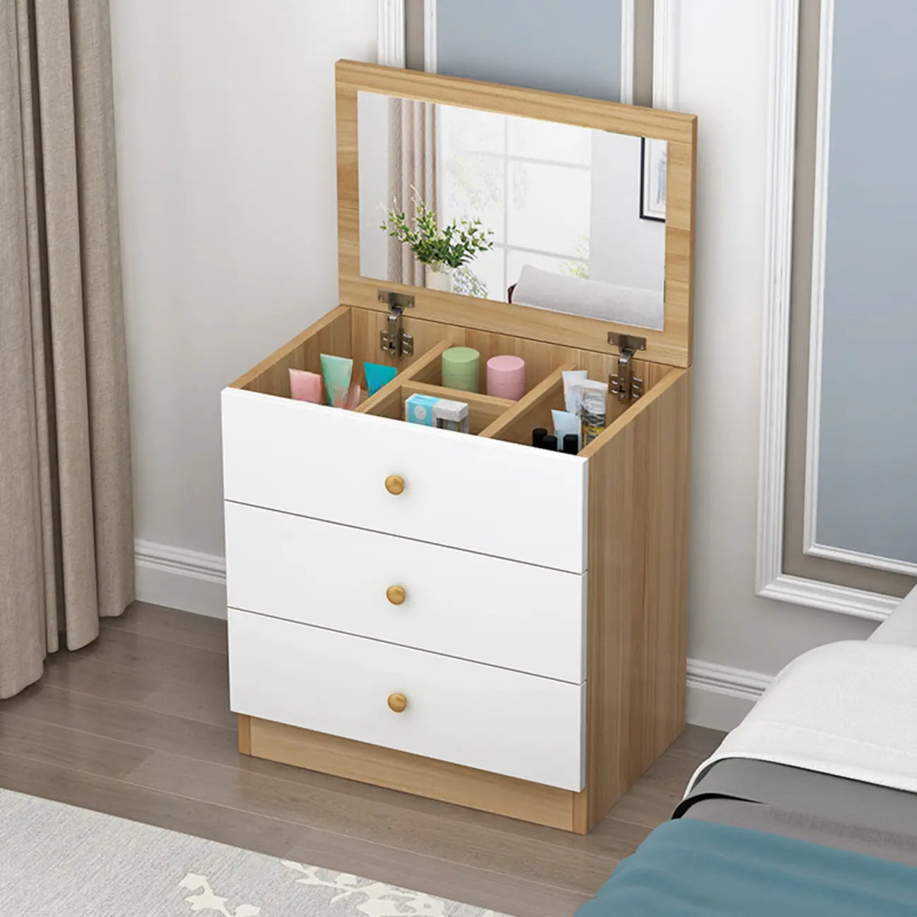 Narrow Wood 5-Drawer Vanity Dresser with Bulti-in Mirror