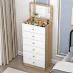 Narrow Wood 5-Drawer Vanity Dresser with Bulti-in Mirror