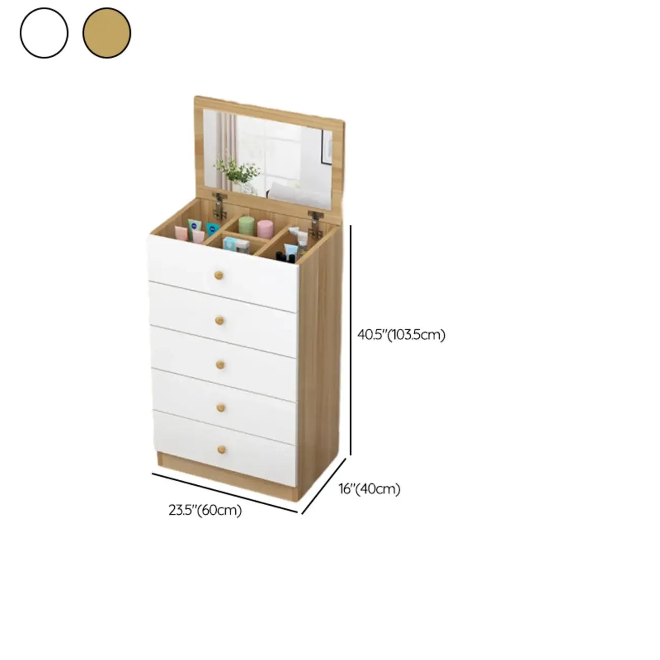 Narrow Wood 5-Drawer Vanity Dresser with Bulti-in Mirror