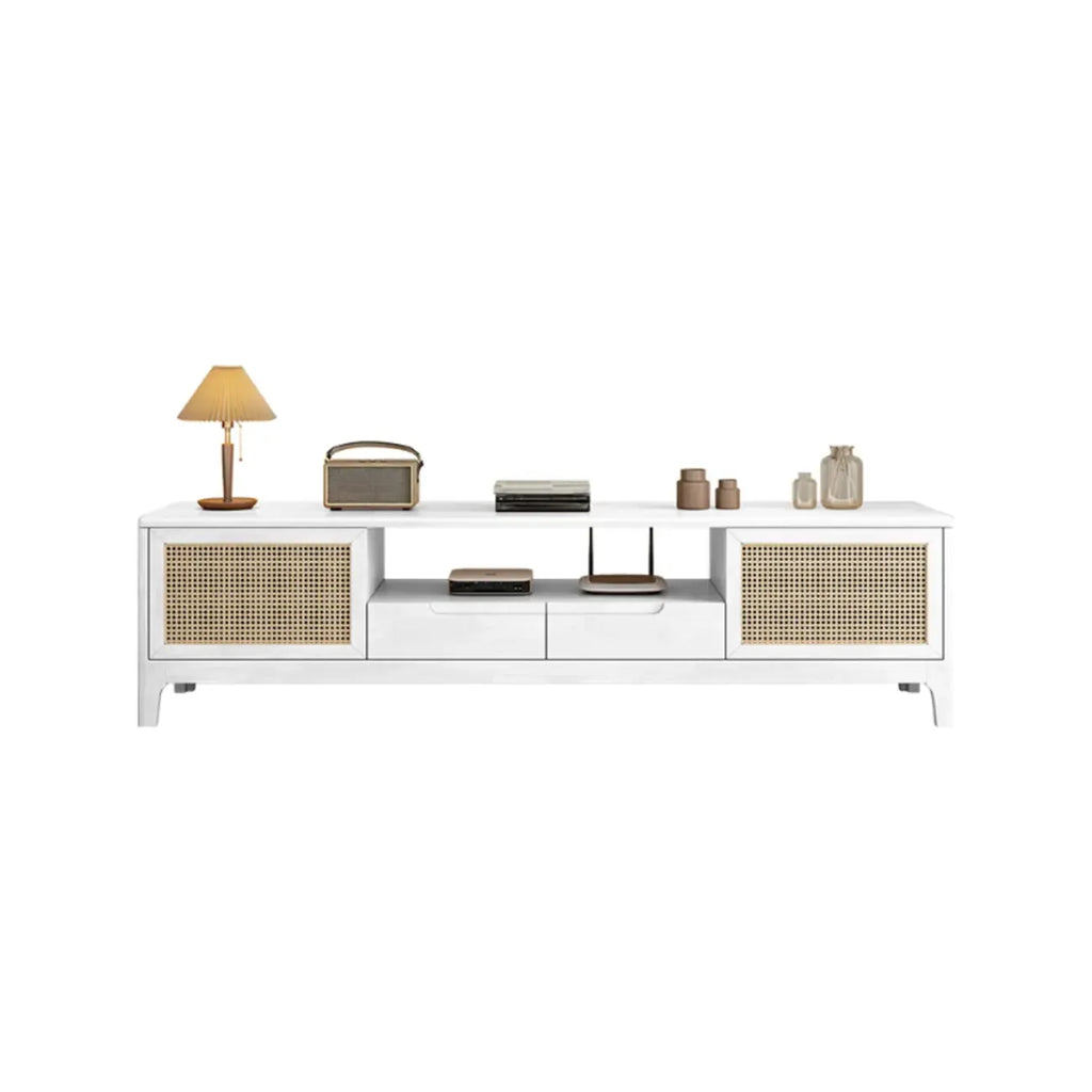 Bohemian White Wood Rattan Mesh TV Stand with Storage