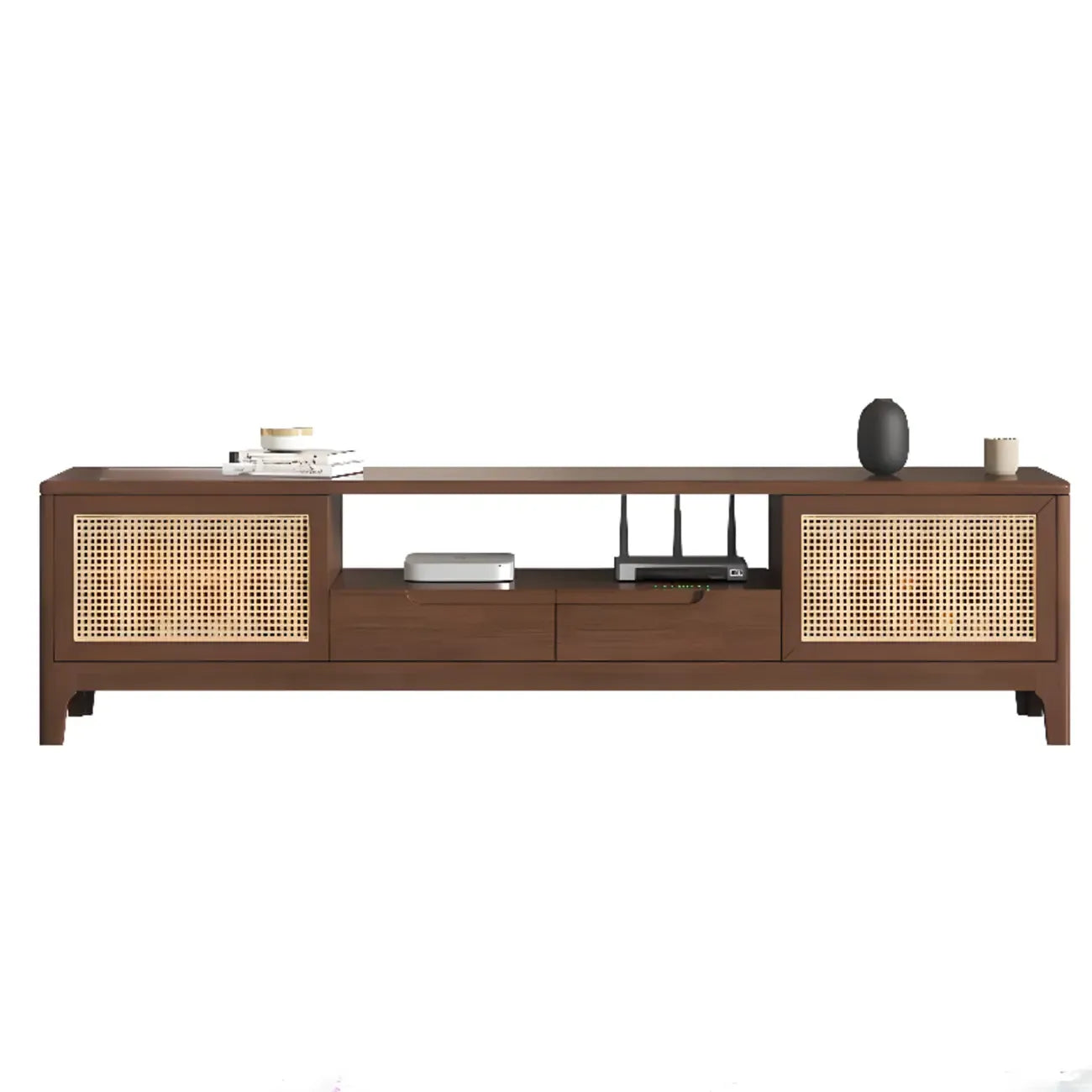 Bohemian White Wood Rattan Mesh TV Stand with Storage