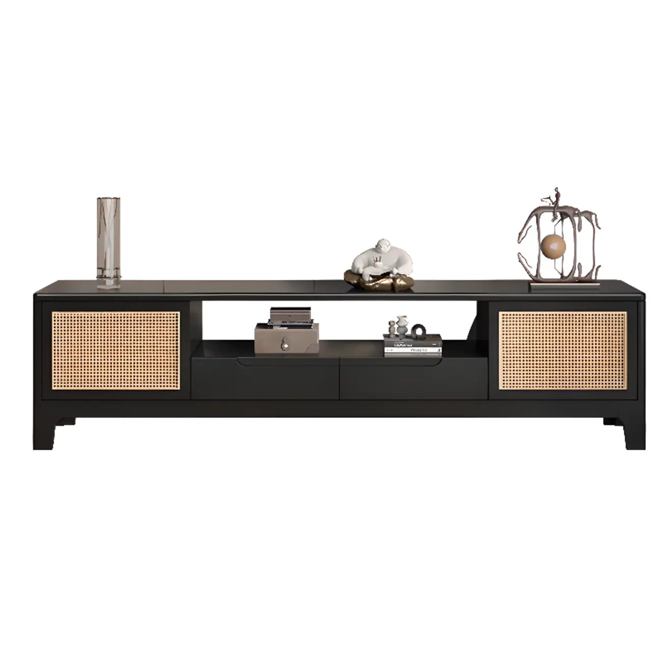 Bohemian White Wood Rattan Mesh TV Stand with Storage