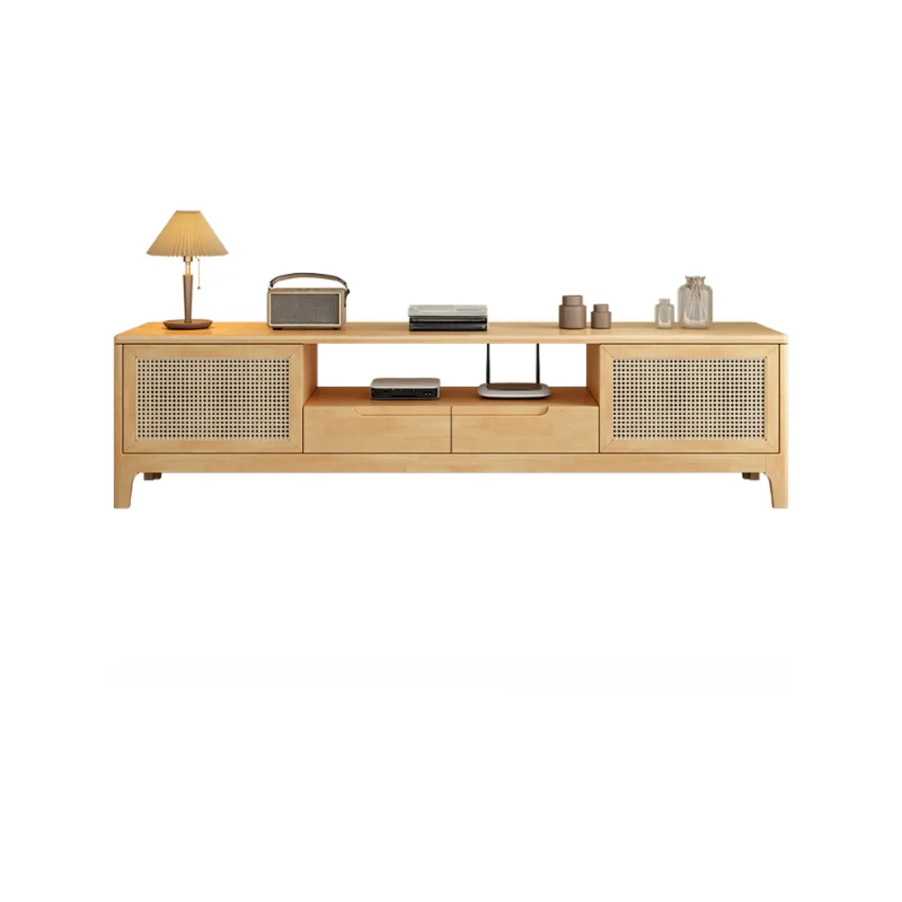 Bohemian White Wood Rattan Mesh TV Stand with Storage
