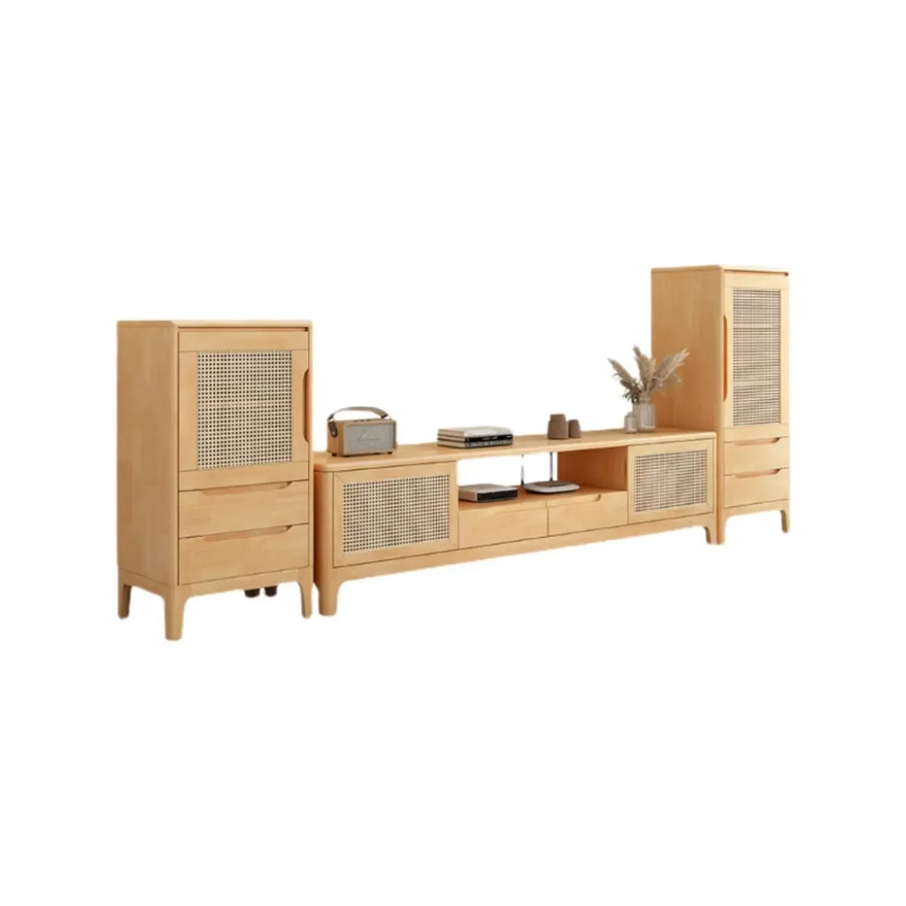 Bohemian White Wood Rattan Mesh TV Stand with Storage
