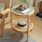 Round Natural Wood Side Table with Glass Top for Living Room