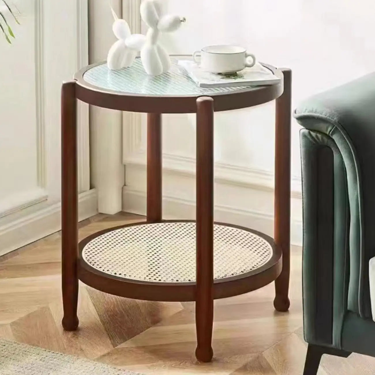 Round Natural Wood Side Table with Glass Top for Living Room