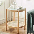 Round Natural Wood Side Table with Glass Top for Living Room