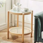 Round Natural Wood Side Table with Glass Top for Living Room
