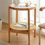 Round Natural Wood Side Table with Glass Top for Living Room