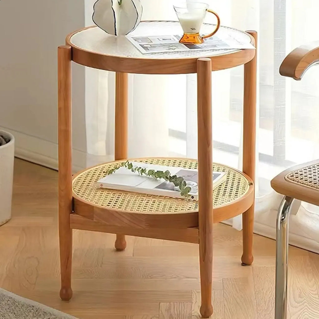 Round Natural Wood Side Table with Glass Top for Living Room