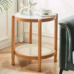 Round Natural Wood Side Table with Glass Top for Living Room