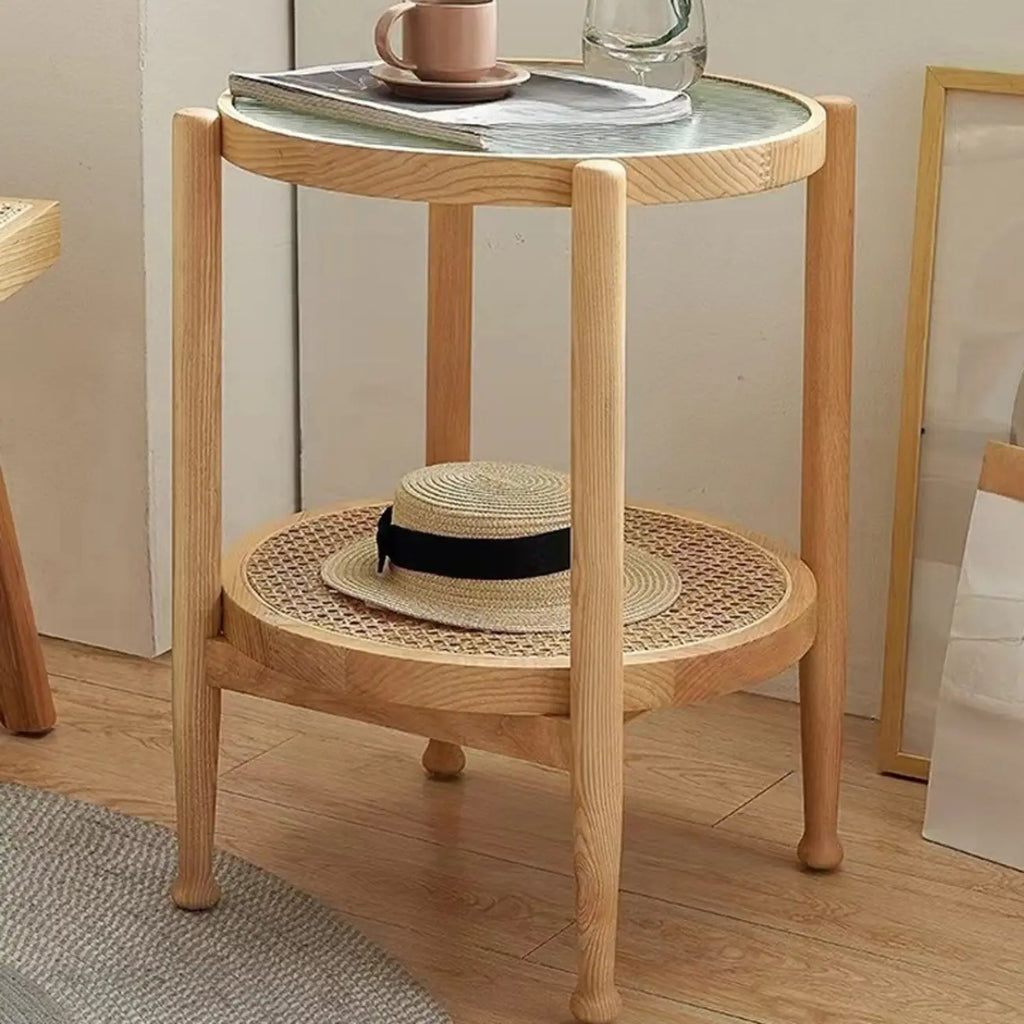 Round Natural Wood Side Table with Glass Top for Living Room