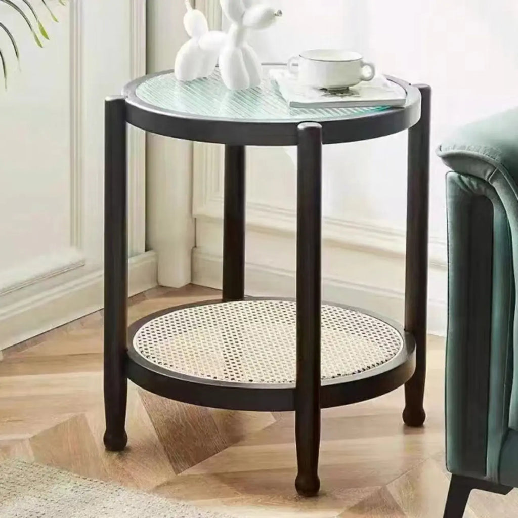 Round Natural Wood Side Table with Glass Top for Living Room