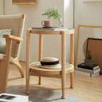 Round Natural Wood Side Table with Glass Top for Living Room