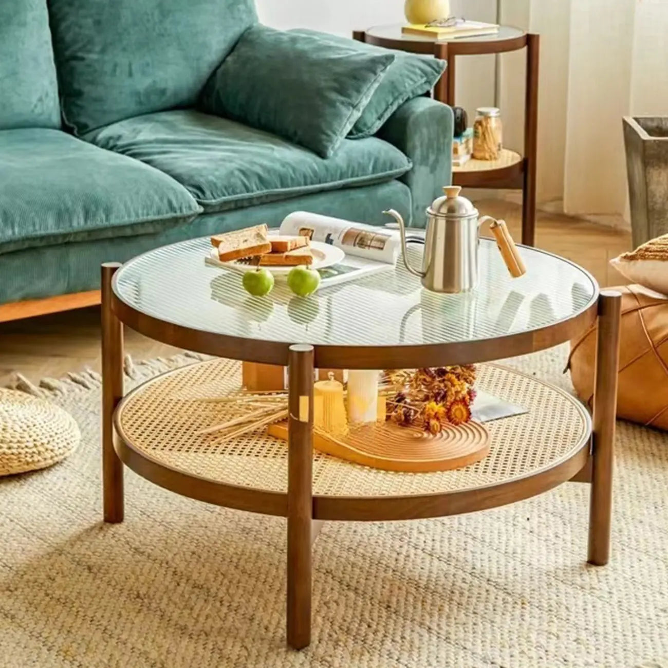 Round Natural Wood Side Table with Glass Top for Living Room