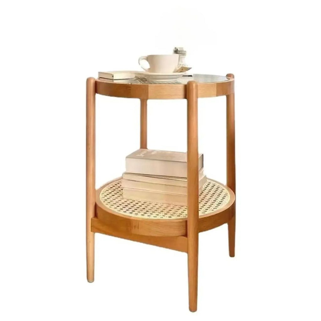 Round Natural Wood Side Table with Glass Top for Living Room