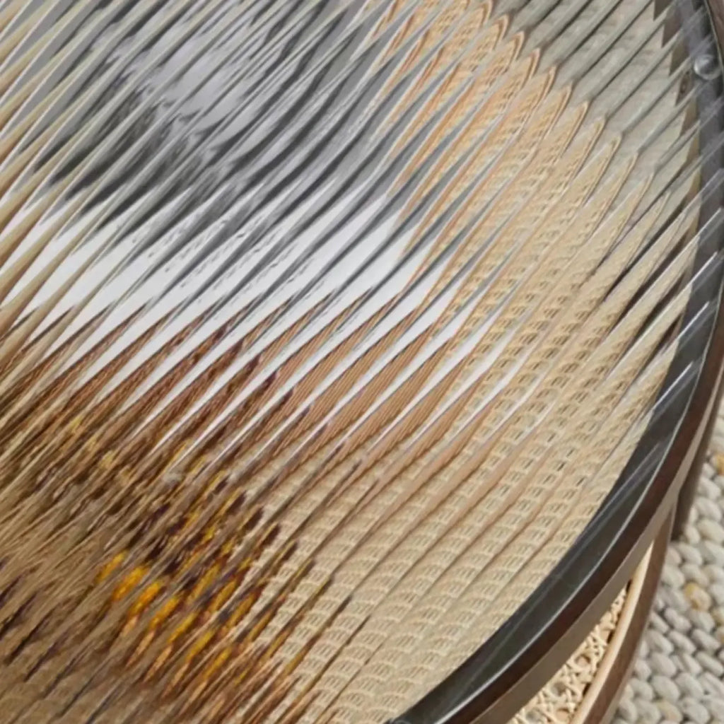 Round Natural Wood Side Table with Glass Top for Living Room