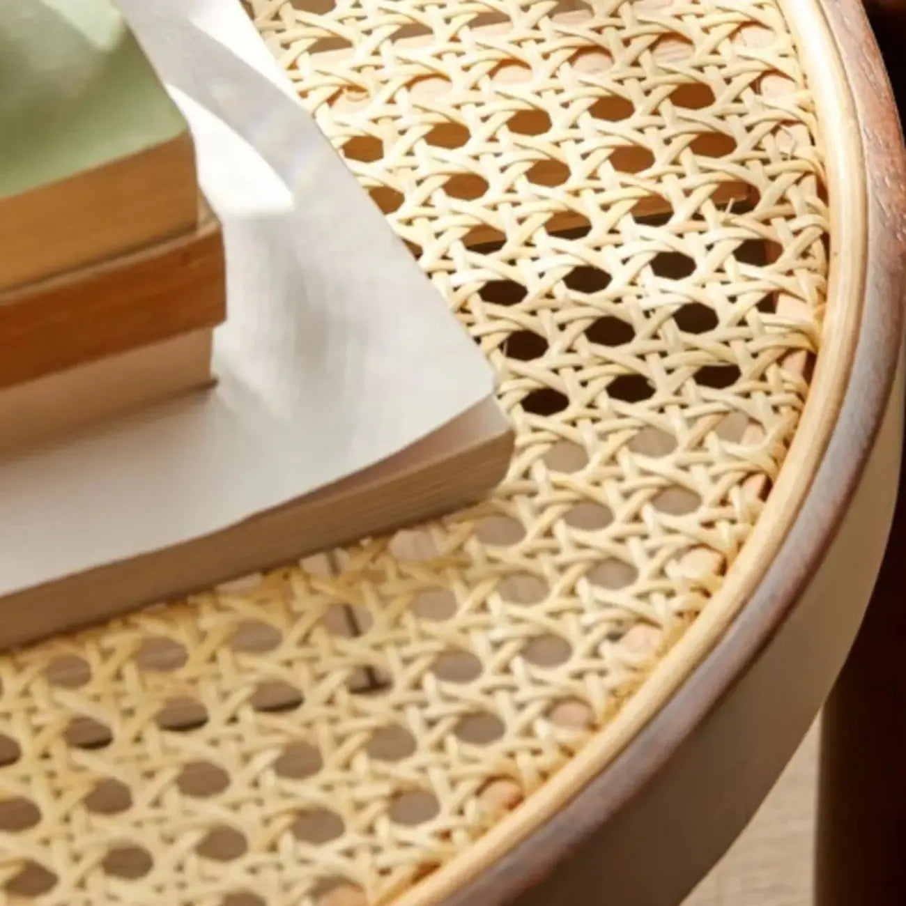 Round Natural Wood Side Table with Glass Top for Living Room