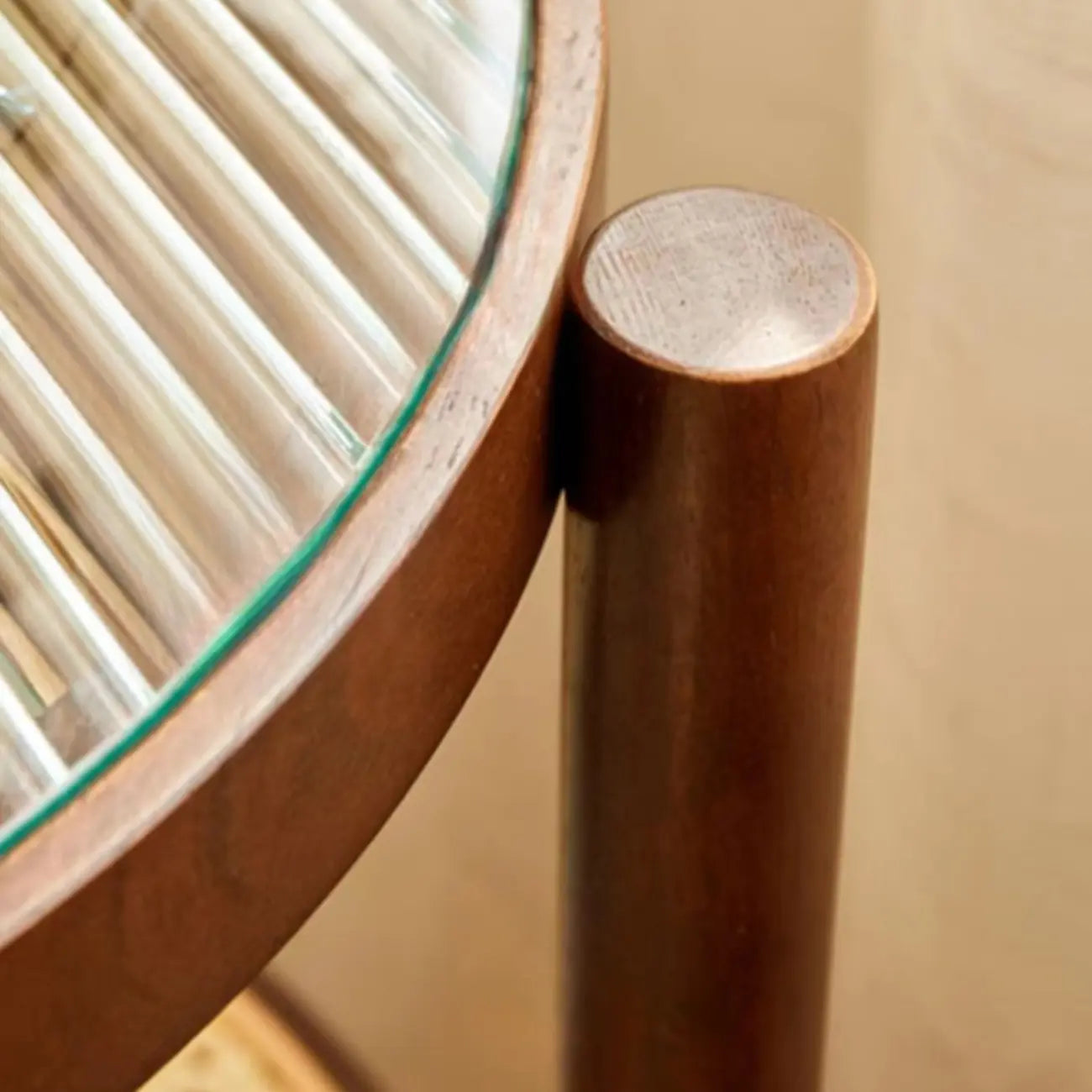 Round Natural Wood Side Table with Glass Top for Living Room