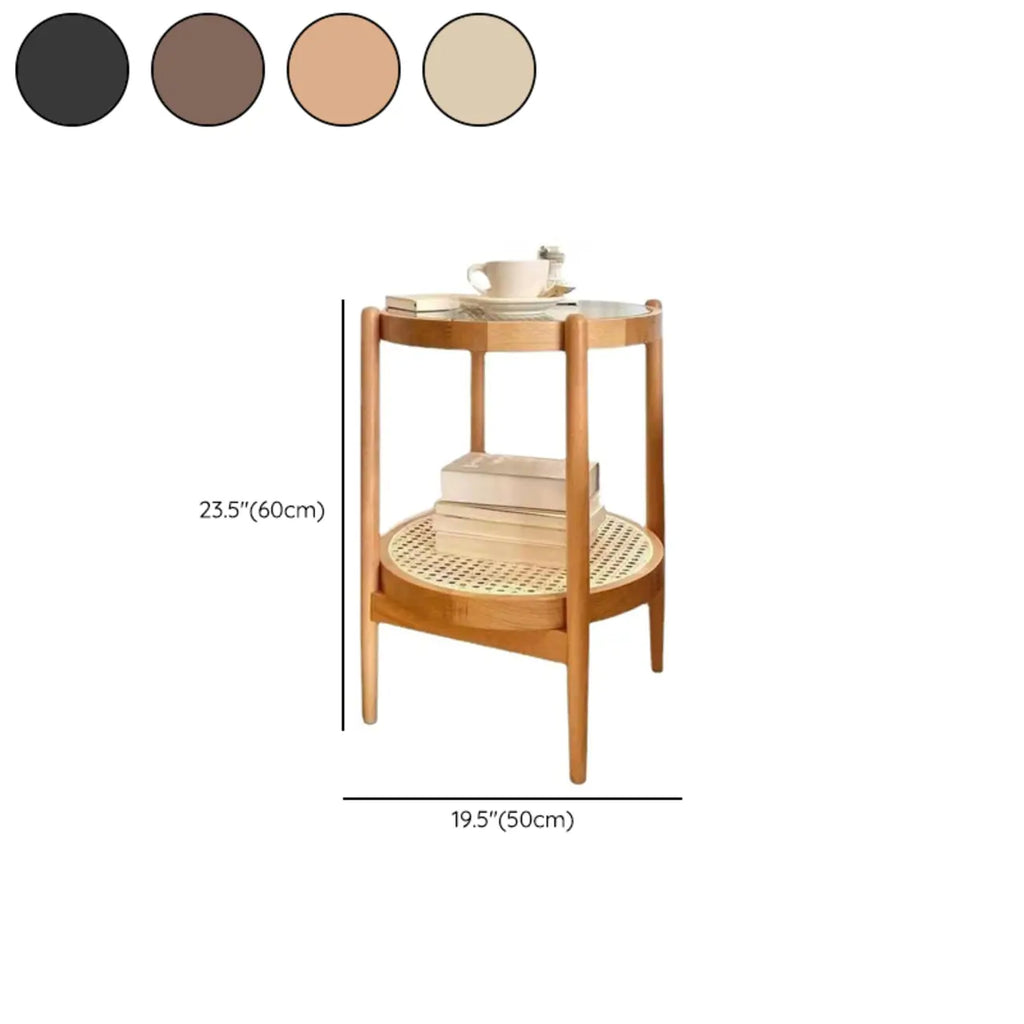 Round Natural Wood Side Table with Glass Top for Living Room