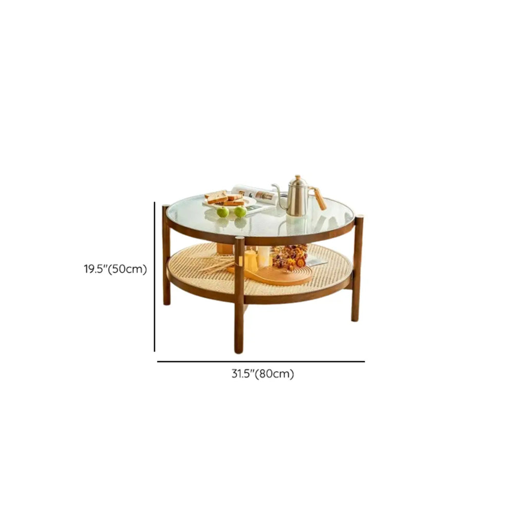 Round Natural Wood Side Table with Glass Top for Living Room